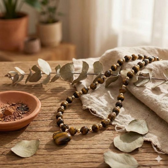 Bruin-zwarte kralenketting met hartvormige tijgeroog hanger en gouden accenten, op een houten tafel.
