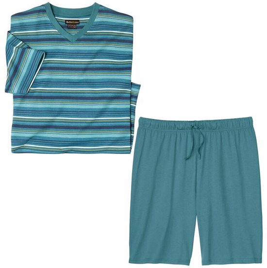 Ensemble de pyjama rayé pour homme, dans les tons de bleu et de vert. T-shirt à col en V et short.
