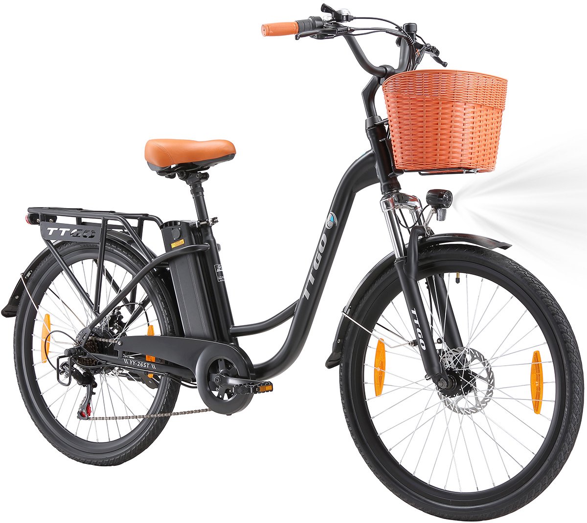 Elektrische Fiets TTGO YY-26ST Zwart- 522Wh/15Ah Accu - 75 km Bereik - 250W Motor - Instap Frame - 26 Inch Wielen -Verende voorvork- Shimano 6 Versnellingen - LCD Display - Stadsfiets voor Dames en Heren thumbnail 2