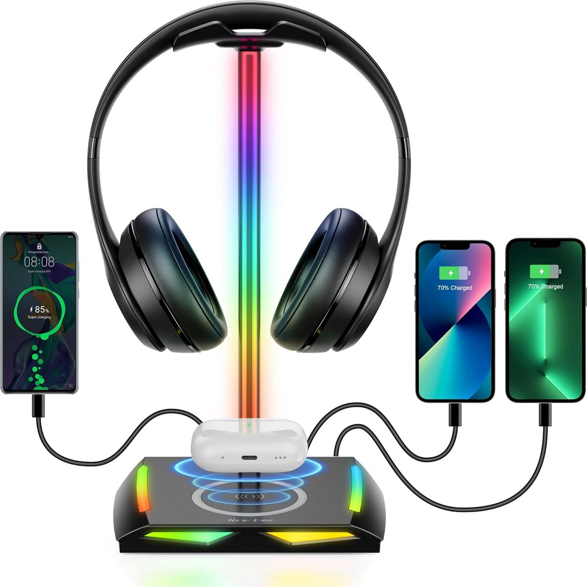 RGB Hoofdtelefoonstandaard met Draadloze Oplader en 11 Verlichtingseffecten