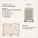 Beige SUITSUIT koffer: gesloten vooraanzicht en open van binnen. Gemaakt van gerecycled RPET, krasbestendig en waterafstotend.
