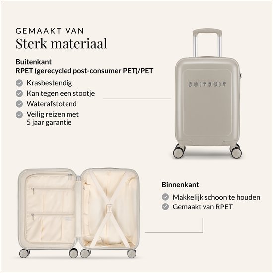 Beige SUITSUIT koffer: gesloten vooraanzicht en open van binnen. Gemaakt van gerecycled RPET, krasbestendig en waterafstotend.
