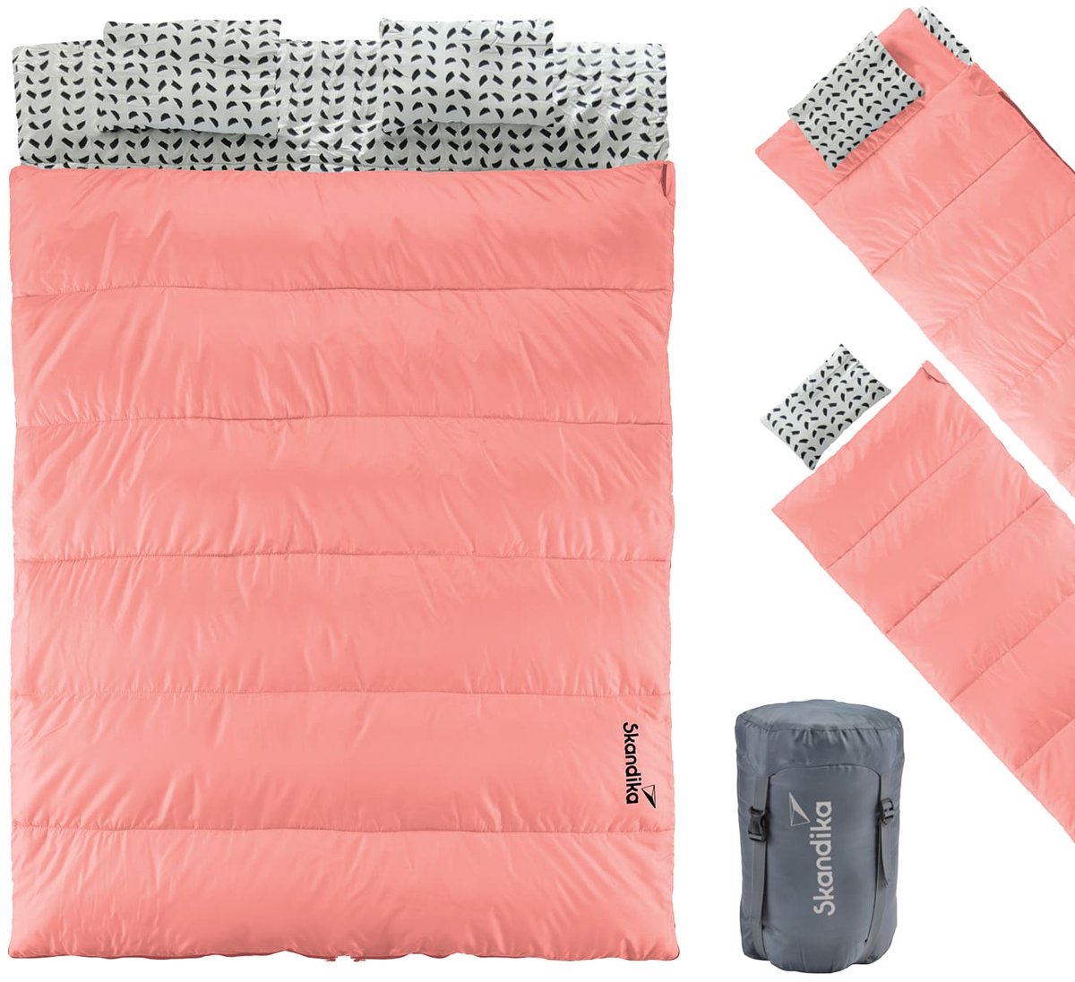 Skandika Doppelslaapzak Iceland Double - Slaapzak voor 2 Personen 3 Seizoenen, met/zonder flanel, katoen, kussen, 220 x 150 cm, als enkel slaapzak te gebruiken | Deken slaapzak (Zalm)