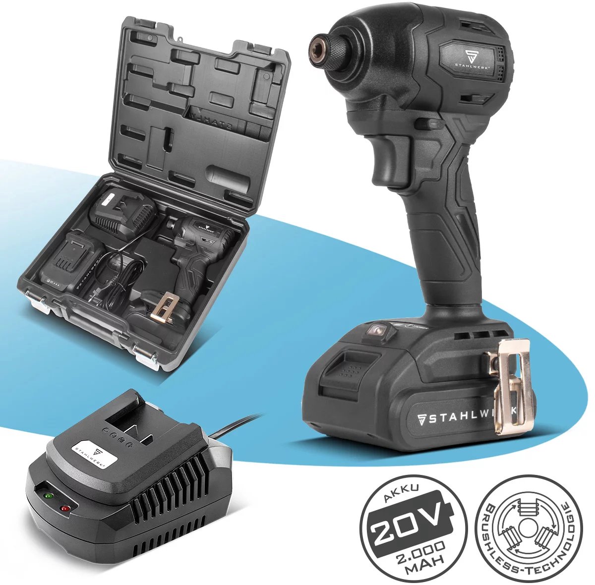 STAHLWERK ADS-190 ST accu-slagmoersleutel | 20 volt systeem | Accu-sleutel met borstelloze technologie | 190 Nm slagmoersleutel | Inclusief accu en oplader | 1/4" zeskant bithouder