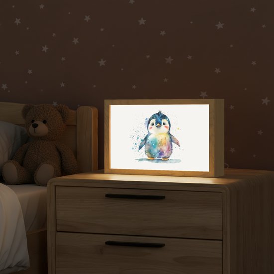 Nachtlampje 30x20 cm - Kinder lamp - Pinguïn - Regenboog - Waterverf - Dieren - Kinderen - Tafellamp kinderkamer - Slaapkamer lamp - Bedlamp kinderen - Kinderlampje stopcontact - Wandlamp babykamer - Nachtlampjes van ATMOSPHERA CREATION. — afbeelding 2