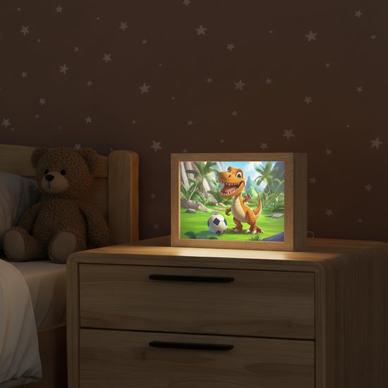 Nachtlampje 20x15 cm - Kinder lamp - Dino - Voetbal - Groen - Tafellamp kinderkamer - Slaapkamer lamp - Bedlamp kinderen - Kinderlampje stopcontact - Wandlamp babykamer - Nachtlampjes van Decopatent — afbeelding 2