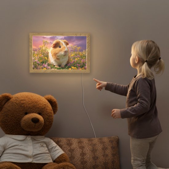 Nachtlampje 30x20 cm - Kinder lampje - Cavia - Kleurrijk - Bloemen - Tafellamp kinderkamer - Slaapkamer lamp - Bedlamp kinderen - Kinderlampje stopcontact - Wandlamp babykamer - Nachtlampjes van Merkloos — afbeelding 5