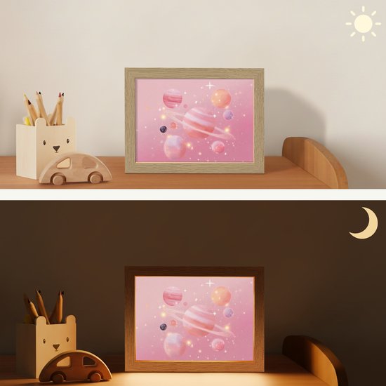 Nachtlampje 20x15 cm - Kinder lampje - Planeten - Roze - Sterren - Tafellamp kinderkamer - Slaapkamer lamp - Bedlamp kinderen - Kinderlampje stopcontact - Wandlamp babykamer - Nachtlampjes van Merkloos — afbeelding 4