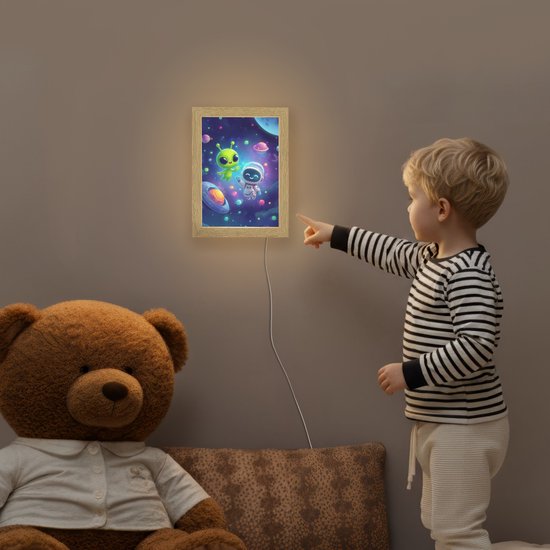 Nachtlampje 15x20 cm - Kinder lampje - Alien - Astronaut - Ruimte - Planeten - Tafellamp kinderkamer - Slaapkamer lamp - Bedlamp kinderen - Kinderlampje stopcontact - Wandlamp babykamer - Nachtlampjes van Merkloos — afbeelding 5