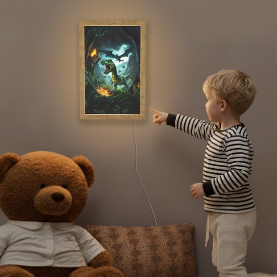 Nachtlampje 20x30 cm - Kinder lamp - Dinosaurus - Draak - Jungle - Groen - Tafellamp kinderkamer - Slaapkamer lamp - Bedlamp kinderen - Kinderlampje stopcontact - Wandlamp babykamer - Nachtlampjes van Merkloos — afbeelding 5