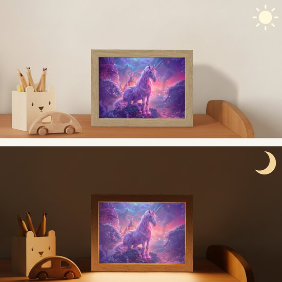 Nachtlampje 20x15 cm - Kinder lampje - Eenhoorn - Fantasy - Kasteel - Meisje - Paars - Roze - Tafellamp kinderkamer - Slaapkamer lamp - Bedlamp kinderen - Kinderlampje stopcontact - Wandlamp babykamer - Nachtlampjes van OnlyWow — afbeelding 4