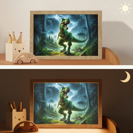 Nachtlampje 30x20 cm - Kinder lampje - Dino - Jongens - Groen - Blauw - T-Rex - Tafellamp kinderkamer - Slaapkamer lamp - Bedlamp kinderen - Kinderlampje stopcontact - Wandlamp babykamer - Nachtlampjes van Merkloos — afbeelding 4