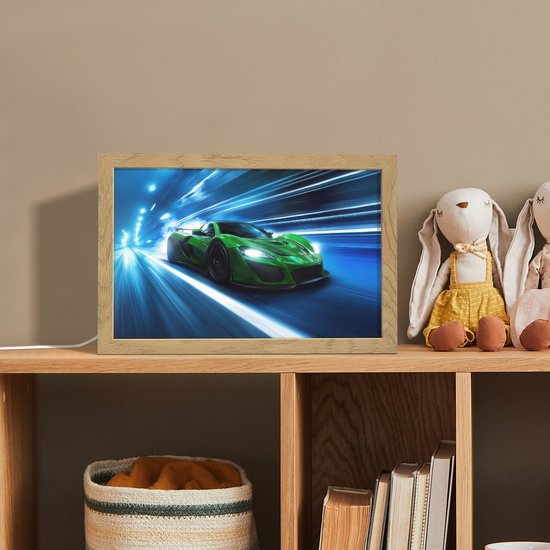 Nachtlampje 30x20 cm - Kinder lamp - Groene racewagen - Blauw - Neon - Licht - Tafellamp kinderkamer - Slaapkamer lamp - Bedlamp kinderen - Kinderlampje stopcontact - Wandlamp babykamer - Nachtlampjes van Merkloos — afbeelding 3