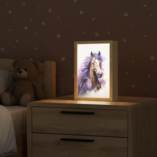 Nachtlampje 20x30 cm - Kinder lampje - Paard - Dieren - Meiden - Paars - Bruin - Tafellamp kinderkamer - Slaapkamer lamp - Bedlamp kinderen - Kinderlampje stopcontact - Wandlamp babykamer - Nachtlampjes van Merkloos — afbeelding 2