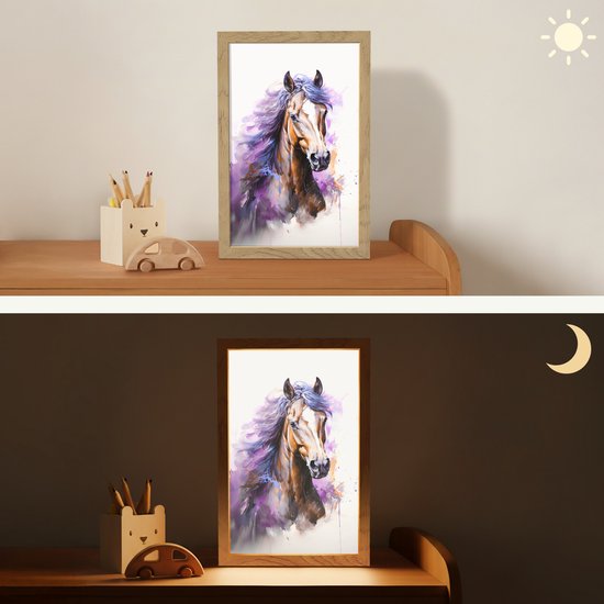 Nachtlampje 20x30 cm - Kinder lampje - Paard - Dieren - Meiden - Paars - Bruin - Tafellamp kinderkamer - Slaapkamer lamp - Bedlamp kinderen - Kinderlampje stopcontact - Wandlamp babykamer - Nachtlampjes van Merkloos — afbeelding 4
