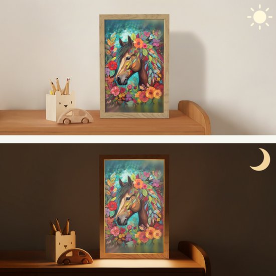 Nachtlampje 20x30 cm - Kinder lampje - Paard - Bloemen - Schilderij - Natuur - Verf - Tafellamp kinderkamer - Slaapkamer lamp - Bedlamp kinderen - Kinderlampje stopcontact - Wandlamp babykamer - Nachtlampjes van Merkloos — afbeelding 4