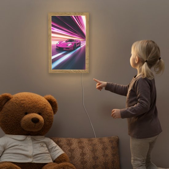 Nachtlampje 20x30 cm - Kinder lamp - Raceauto - Roze - Neon - Tafellamp kinderkamer - Slaapkamer lamp - Bedlamp kinderen - Kinderlampje stopcontact - Wandlamp babykamer - Nachtlampjes van Merkloos — afbeelding 5