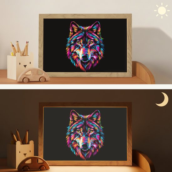Nachtlampje 30x20 cm - Kinder lampje - Wolf - Kleurrijk - Zwart - Dieren - Neon - Tafellamp kinderkamer - Slaapkamer lamp - Bedlamp kinderen - Kinderlampje stopcontact - Wandlamp babykamer - Nachtlampjes van Merkloos — afbeelding 4