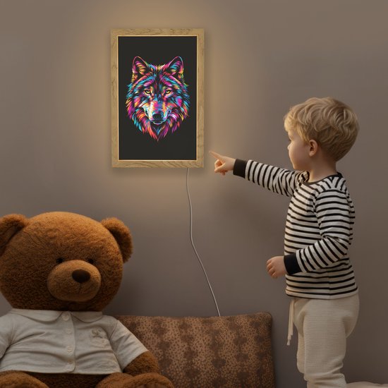 Nachtlampje 20x30 cm - Kinder lampje - Wolf - Kleurrijk - Zwart - Dieren - Neon - Tafellamp kinderkamer - Slaapkamer lamp - Bedlamp kinderen - Kinderlampje stopcontact - Wandlamp babykamer - Nachtlampjes van Merkloos — afbeelding 5