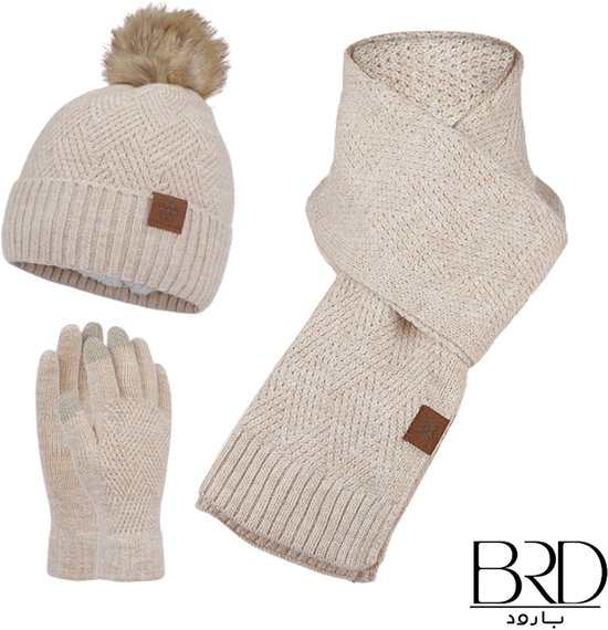 BRD® Winter | Winter set van wol voor volwassenen Beige | Gevoerde muts met pompon, sjaal en handschoenen 3 delig gebreid unisex voor dames en heren winterset