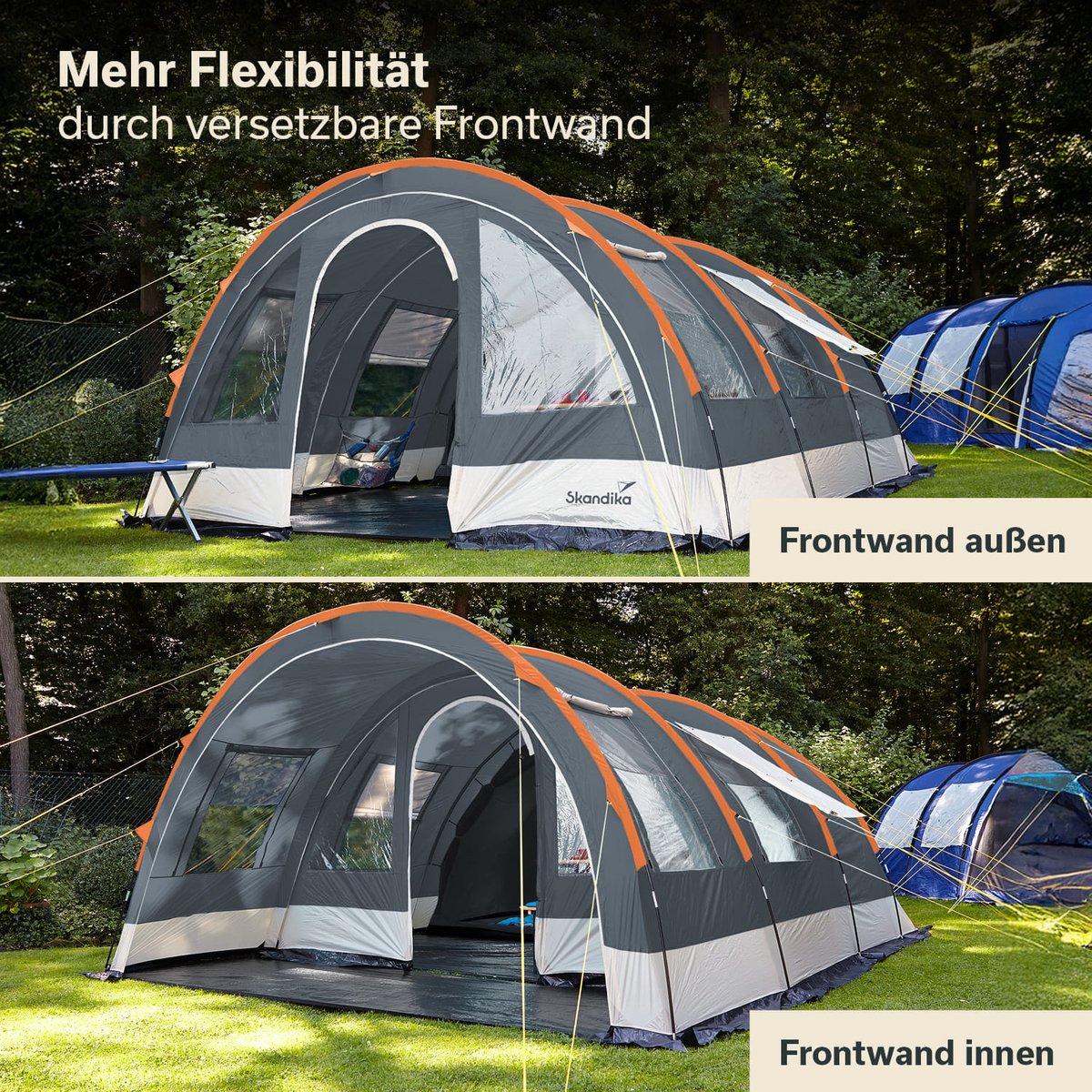 Skandika Helsinki Tent – Tenten – Familietent - Campingtent – Voor 6 personen – Tunneltent – 215 cm stahoogte - Muggengaas – 2 slaapcabines – 525 x 410 x 215 cm (L x B x H) - 5000 mm waterkolom – Outdoor, Camping, Tuin – Kamperen – grijs/oranje – foto 3