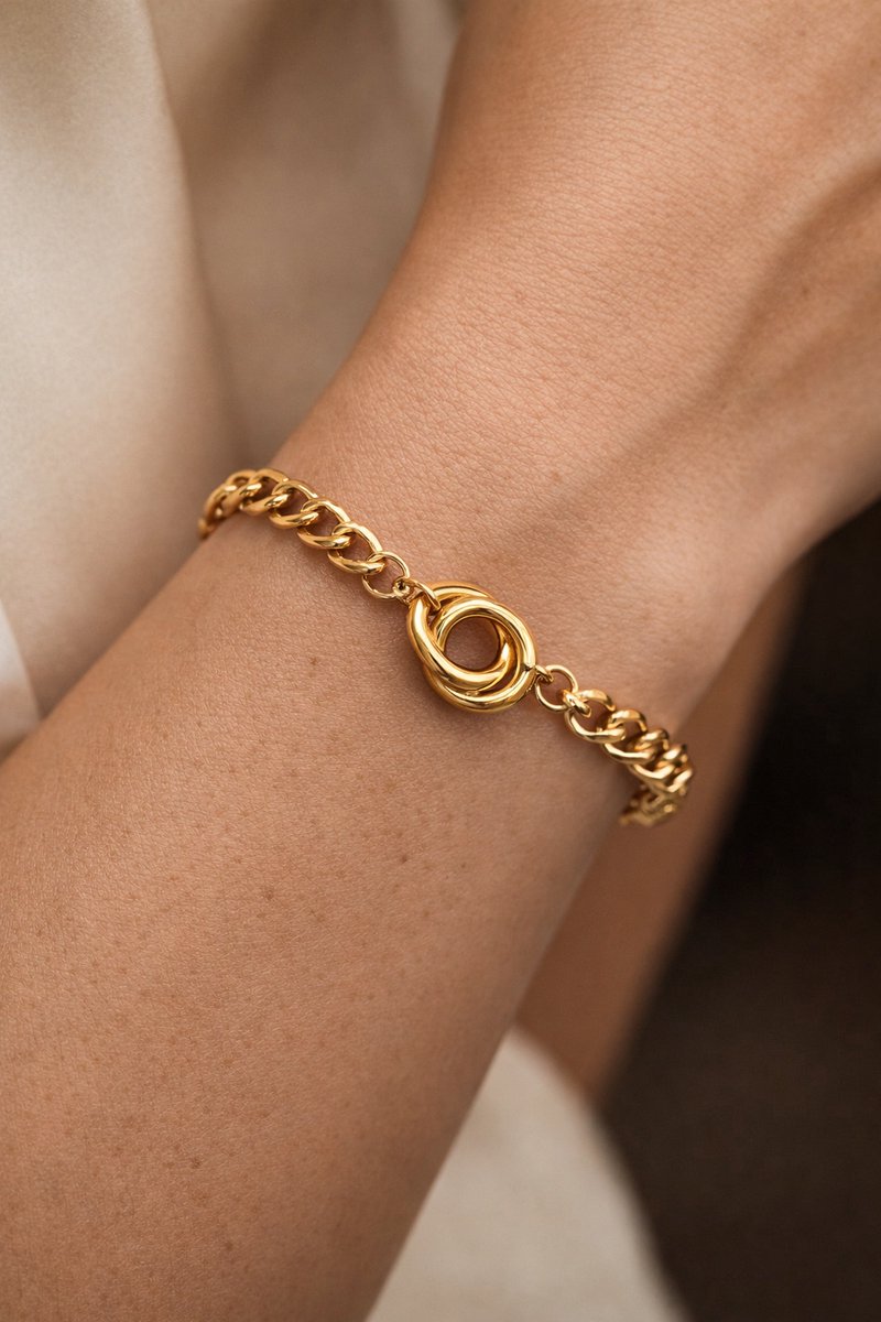 Lundholm Armband Dames Goud kleurig Schakelarmband – Premium Stainless Steel Jewellery Gold Plated – Gouden Armband met Verbonden Ringen (16 + 4 cm) - My Tilda Serie - Luxe Geschenkverpakking – Cadeau voor Haar
