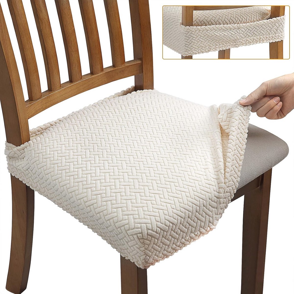 Rekbare Jacquard Stoelhoezen voor Eetkamer - Set van 4, Wasbaar en Afneembaar, Beige