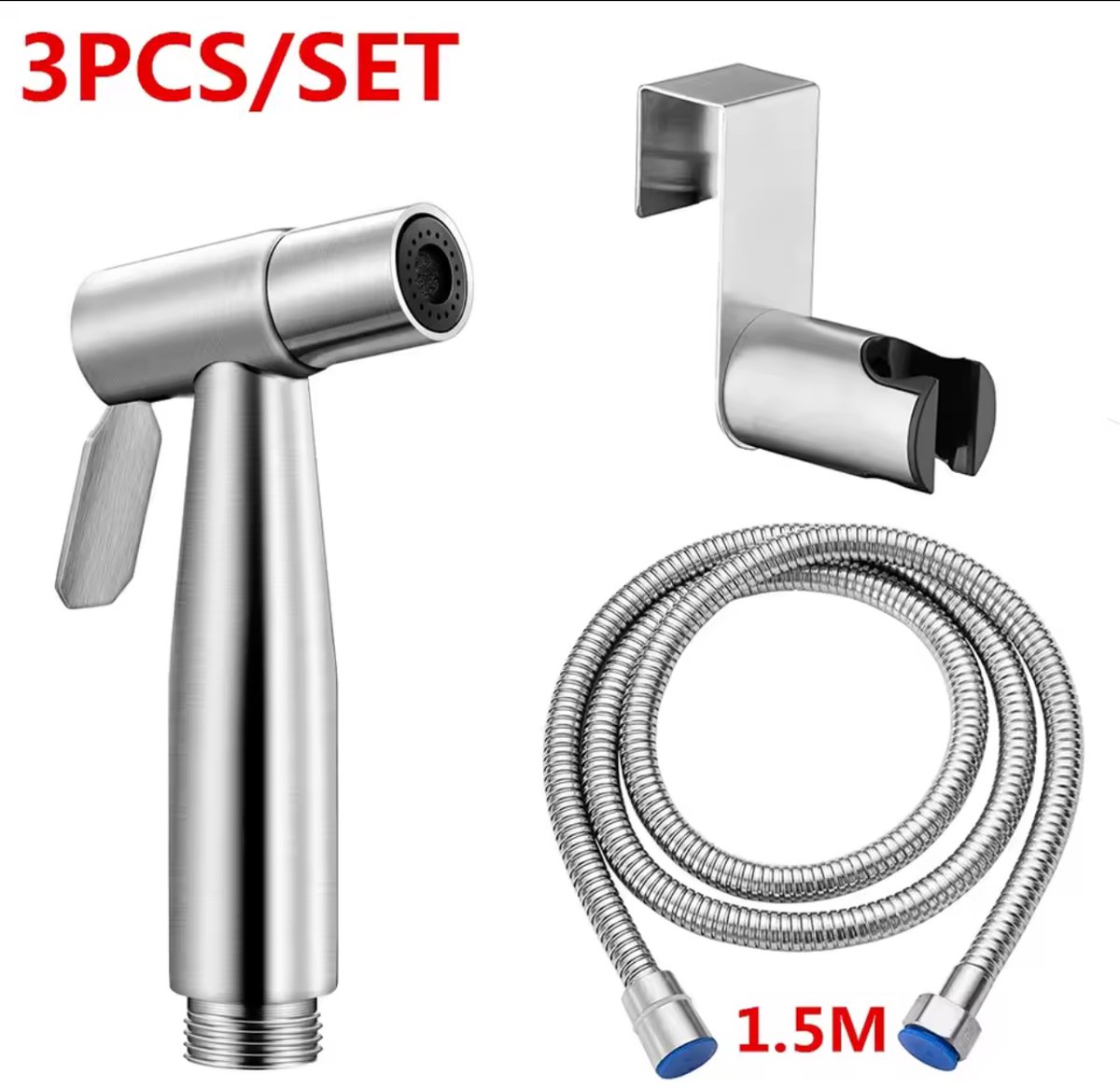 Generic – Handheld Toilet Bidet Sprayer Set – Stainless Steel – 1.5 m Hose – Wall Holder – 3-Piece Set