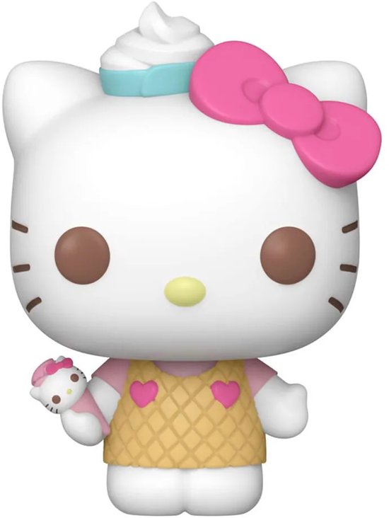 Hello Kitty Funko Pop! 99 met ijshoorntje-jurkje, roze strik en ijscoupe op hoofd, houdt kleine Hello Kitty vast.