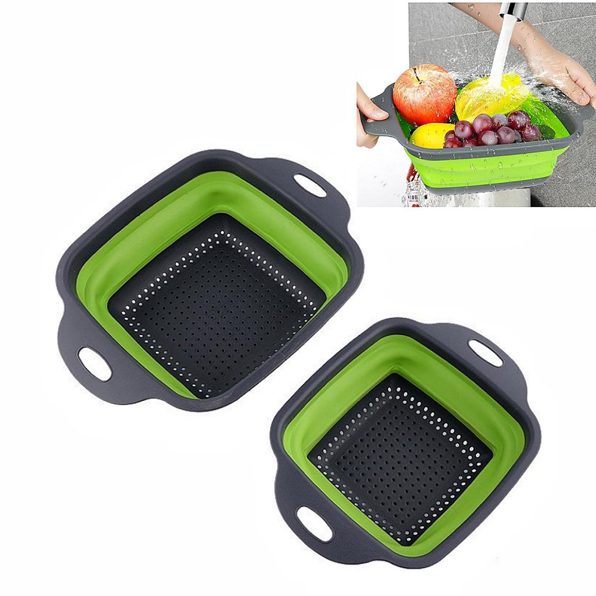 2 stuks Telescopische, opvouwbare afvoermand - Hol ontwerp voor eenvoudig afgieten - Vierkante groentewasmand - Vierkante fruitmand - 18,5*24,2 cm - Geschikt voor het wassen van fruit en groenten in thuiskeukens - Groen.