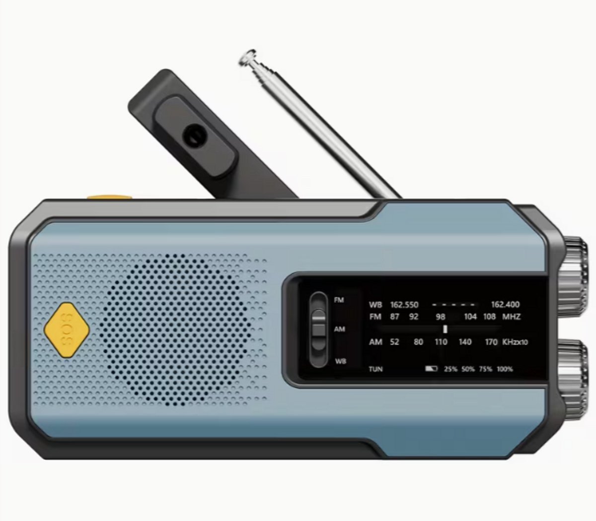 Multifunctionele 4-in-1 Noodradio – LED Zaklamp met Radio FM/AM/NOAA, SOS Alarm, Powerbank, Zonnepaneel & Handgenerator – Model LPO-R102 Blauw - Denk Vooruit Noodpakket