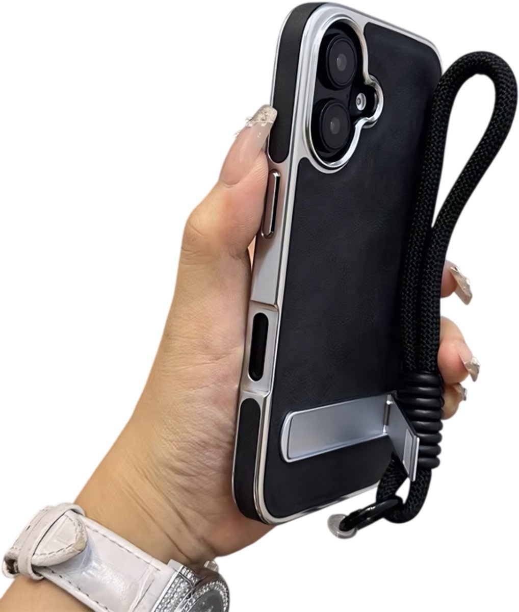 Luxe Leren geschikt voor iPhone 17 Hoesje met Koord, Lanyard & standaard –zwart PU Soft Fluweel Telefoonhoes, Beschermhoes, Backcover, Schokbestendig, Modieus