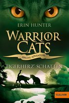 Boek 'Warrior Cats Special Adventure: Tigerherz' Schatten' met twee katten in silhouet onder een volle maan, met grote groene ogen van een kat bovenaan.