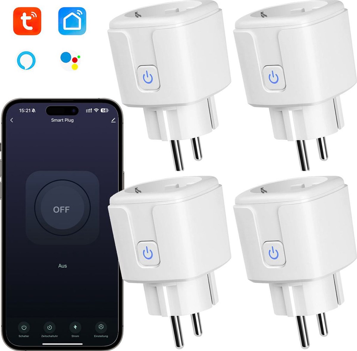 Set van 4 slimme wifi-stopcontacten, Europese standaardstekkers, 16A, energiemeting, -regeling en bediening op afstand via smartphone – handig in gebruik en voor energiemonitoring.