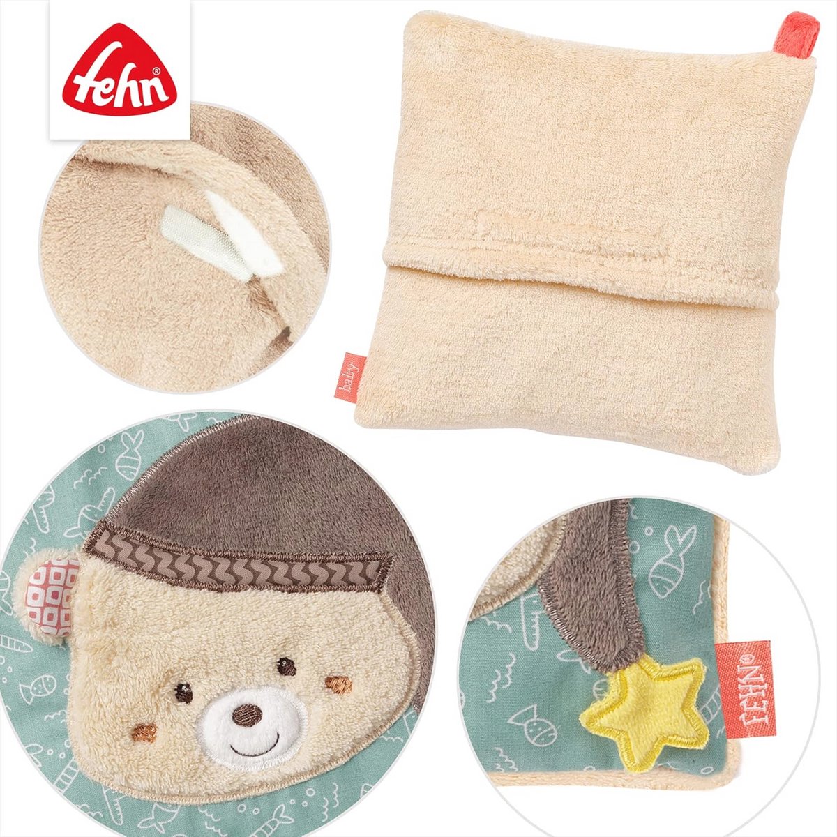 Warmte- en koelkussen Beer voor baby's en peuters – ideaal vanaf 0 maanden, 15 x 15 cm, meerkleurig