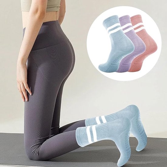 Yoga sokken, 3 paar antislip sokken voor dames, geschikt voor Pilates, ballet, dans en trampolinespringen, lichtblauw, donkerpaars en lichtroze. van Merkloos — afbeelding 5