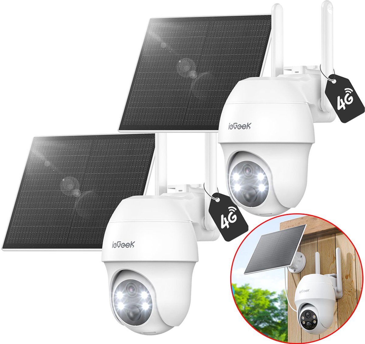 4G LTE Bewakingscamera - Solar Buiten met SIM-kaart – 2K Ultra HD, Nachtzicht, Bewegingsdetectie, IP65, 360° Draaibaar – Geen WiFi Nodig - kleuren nachtzicht - bewegingsdetectie - Incl. Zonnepaneel – Voor Tuin, Erf & Bedrijf - 2 stuks