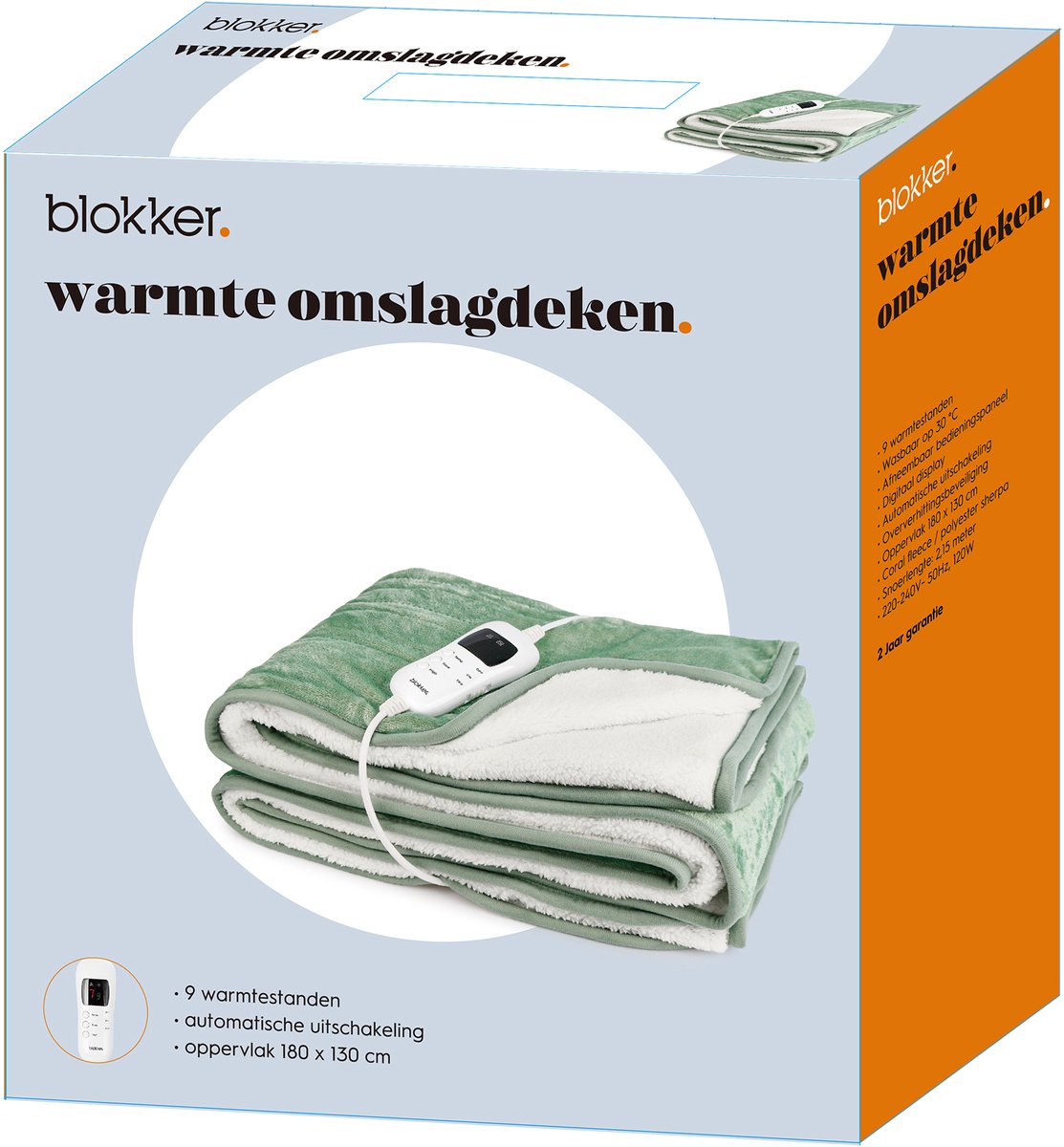 Blokker Elektrische Deken - 120W - 180x130cm - 9 temperatuur instellingen - Automatische uitschakeling - Digitaal display - Timer - Coral fleece - Wasmachine reinigbaar - 2.15 snoer - EBL-127162.3 Groen – foto 5