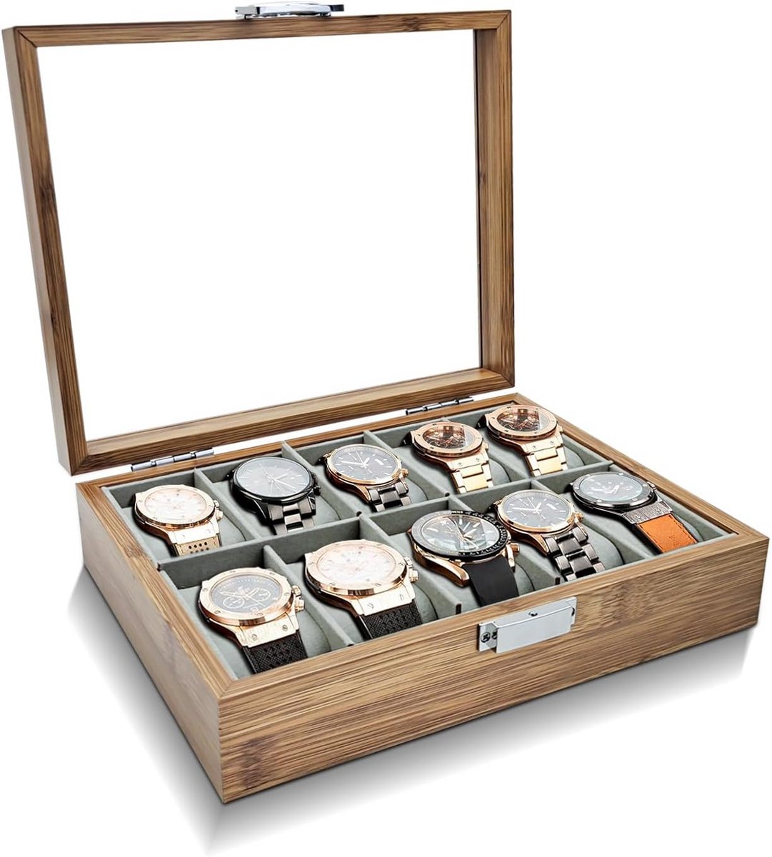 Horlogedoos met 10 sleuven en afneembaar kussen - Vintage horlogedisplay met glazen deksel