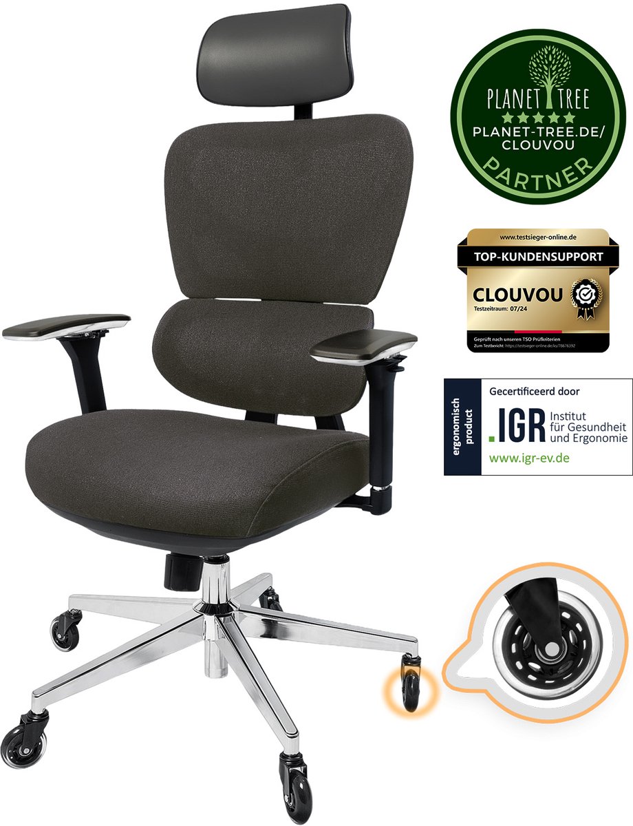 CLOUVOU ProSeat Ergonomische Bureaustoel Antraciet met 4D - CLOUVOU - €329,99