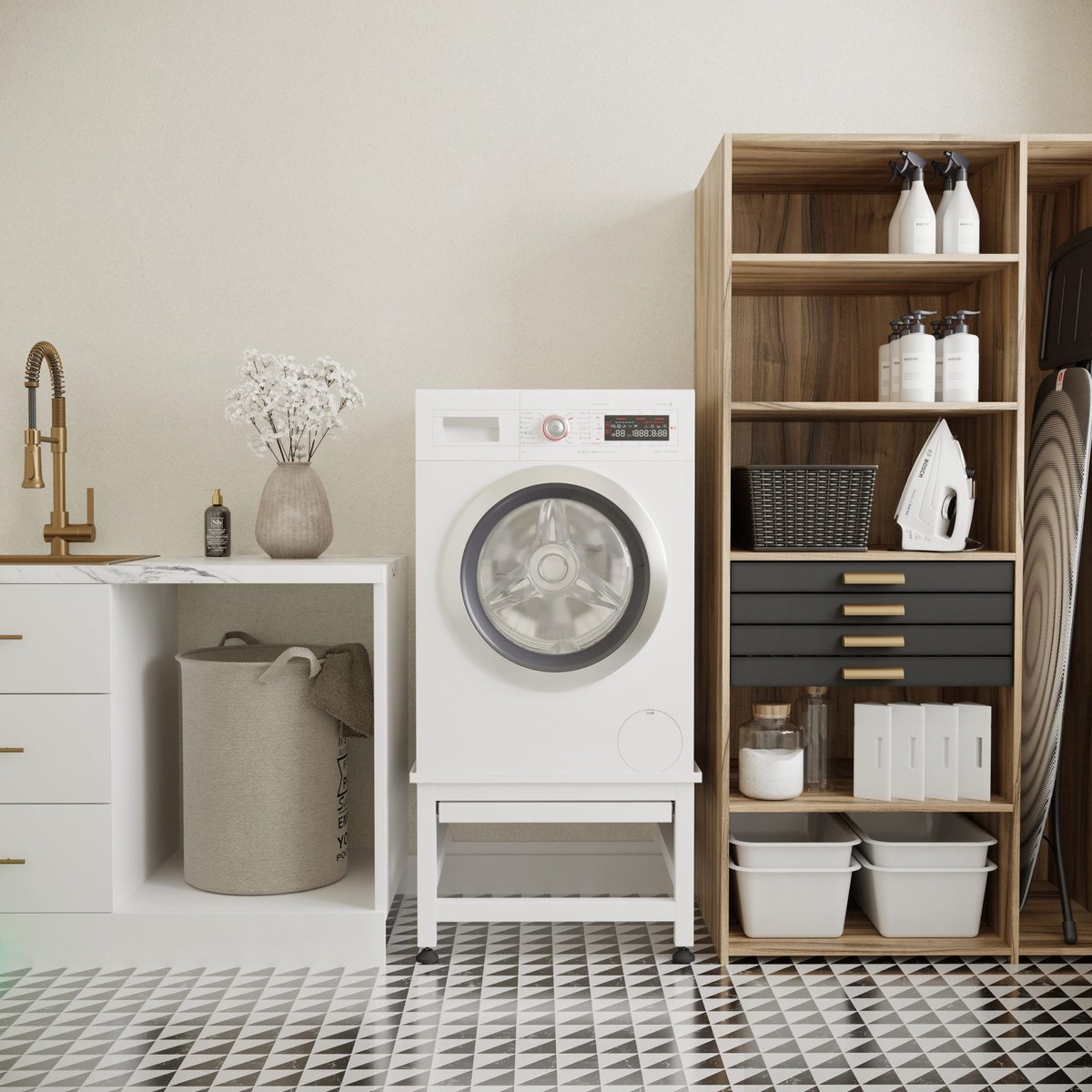Wasophoogte® Wasmachine verhoger met uittrekbaar plateau - Wasmachine opbouwmeubel - Wasmachine sokkel - 42cm hoog - Wit - Universeel - 65*60,5 (LxB) - Inclusief wandbeugels thumbnail 5