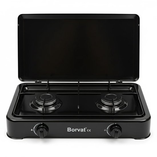 Zwart Borvat gasstel met twee branders en een openklapbaar deksel.