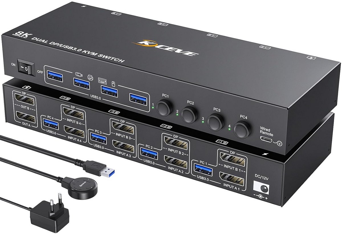 Dual Monitor KVM Switch USB 3.0 DisplayPort voor 4 Computers - 2 Schermen Delen