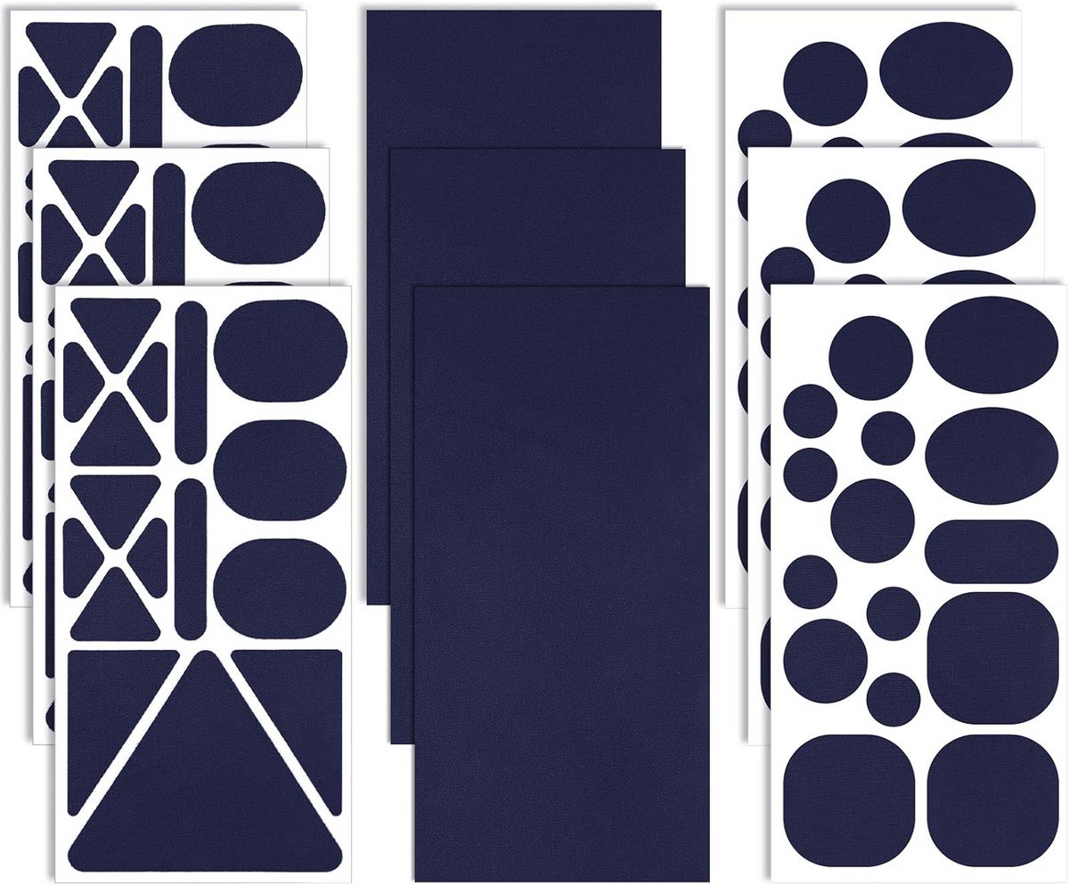 9 vellen nylon reparatiepatches zelfklevend donkerblauw - verschillende maten vormen voor kleding en tenten