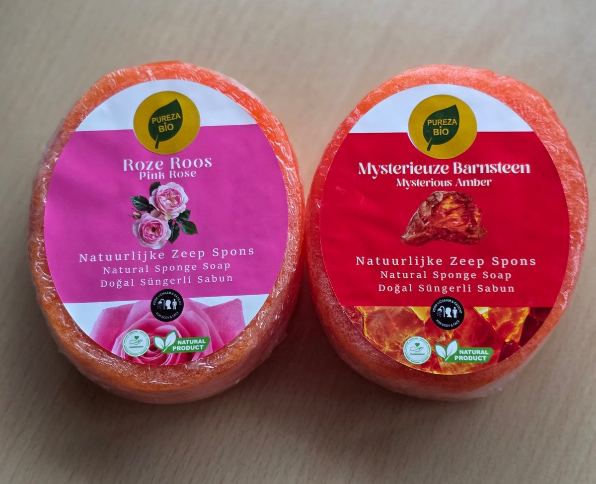 Roze Roos & Mysterieuze Barnsteen Combi / Zeep Spons / Sponge Soap / Biologisch en handgemaakt (Voor gezicht en lichaam)