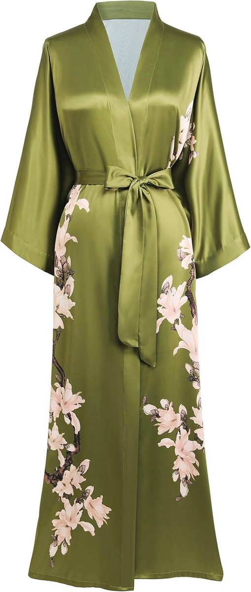 Lange groene kimono badjas met bloemenprint voor vrouwen