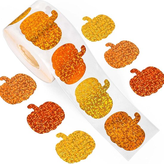 Rol met glinsterende pompoenstickers in geel, oranje en rood, op een witte achtergrond.