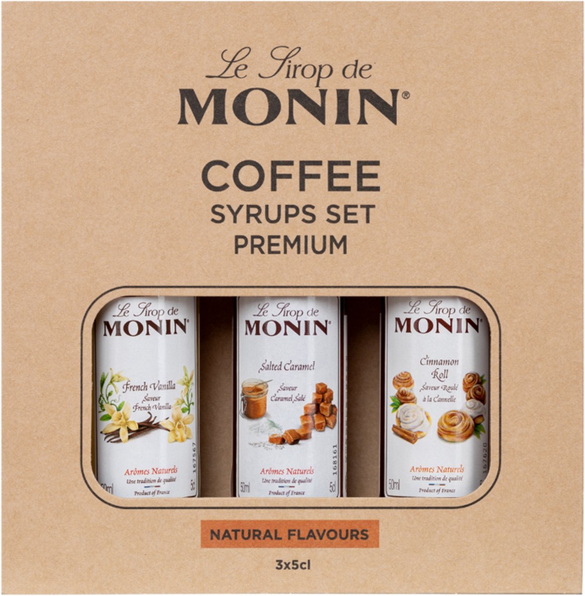 Monin Koffiesiropen MIX Set Klein 3x 5cl (Cinnamon Roll, Salted Caramel en Franse Vanille)