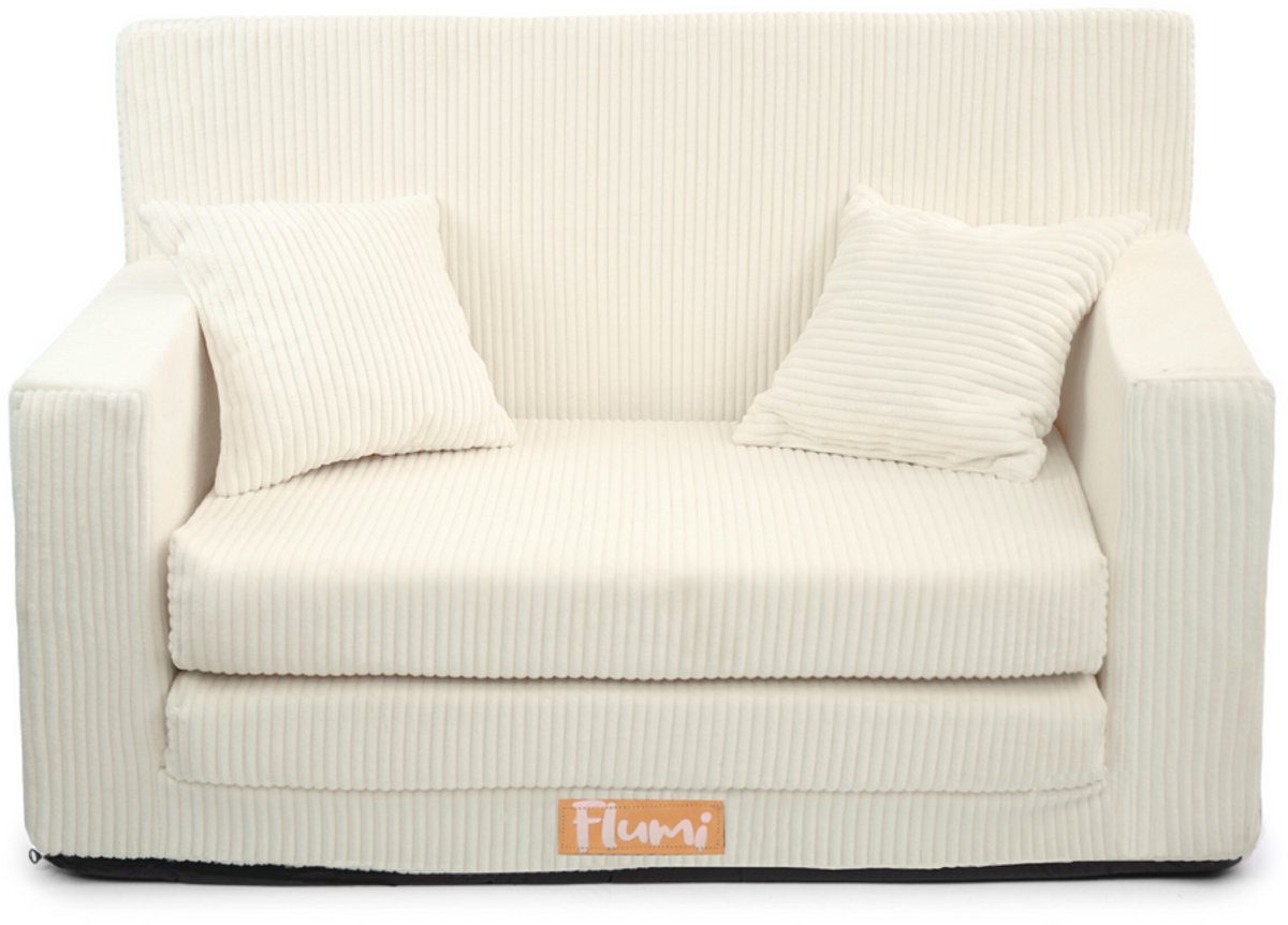 Flumi opvouwbare mini kindersofa van ribfluweel – zachte kinderbank met uitklapfunctie en afneembare hoes, crème
