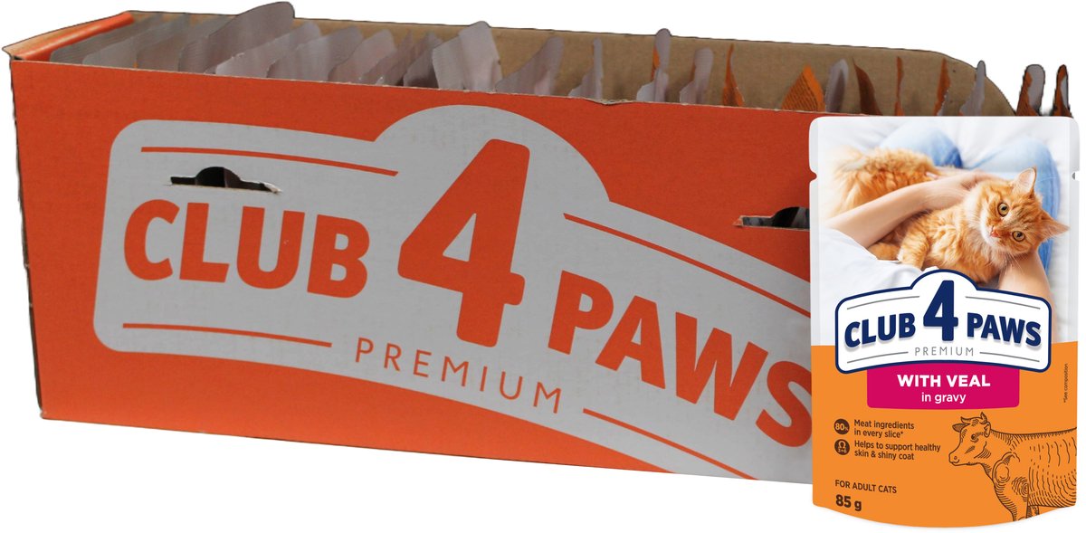 Club 4 Paws Natvoer - Kalfsvlees in Jus - 24x85g Volwassen Katten, Omega 3 & 6, Complete Voeding